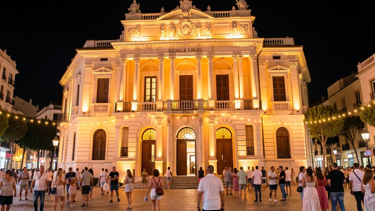 Fachada del Teatro Egaleo en Leganés iluminada por la noche para el festival Lunas del Egaleo.