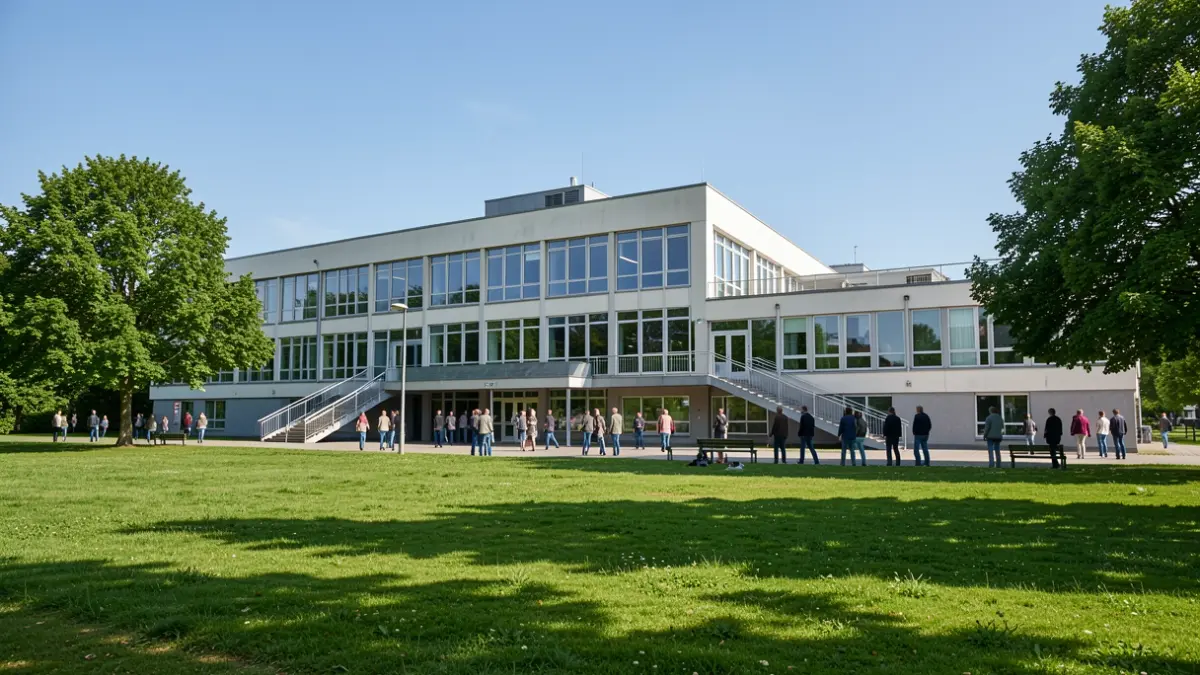 Generic image of the exterior of a modern municipal building with access ramps and green areas.