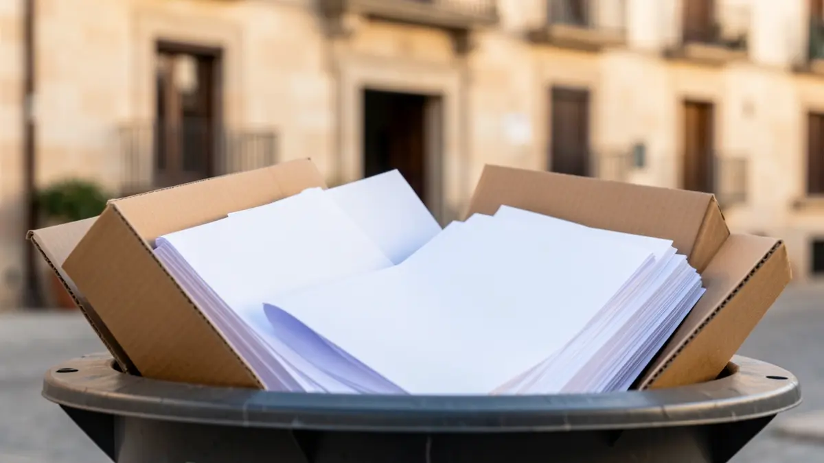 Contenedor de reciclaje lleno de papel y cartón con un ayuntamiento al fondo.