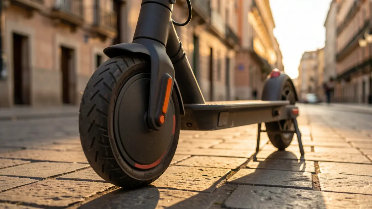 Rueda de patinete eléctrico aparcado en una acera de Madrid al atardecer.