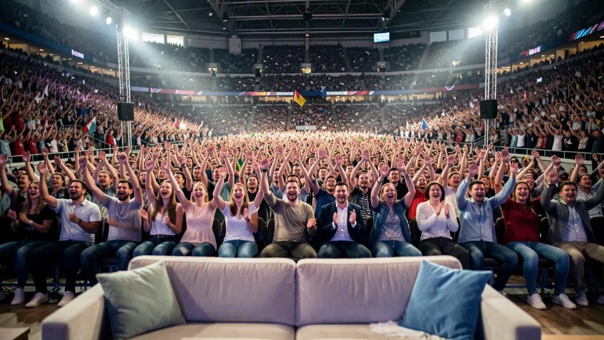 Generic image of a crowd of fans celebrating at an indoor sports event.