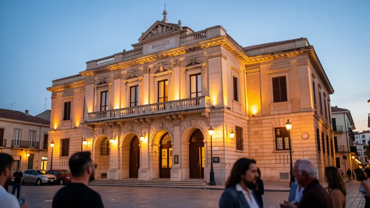 Image of the Teatro Egaleo in Leganés at dusk, with warm lights and blurred figures.