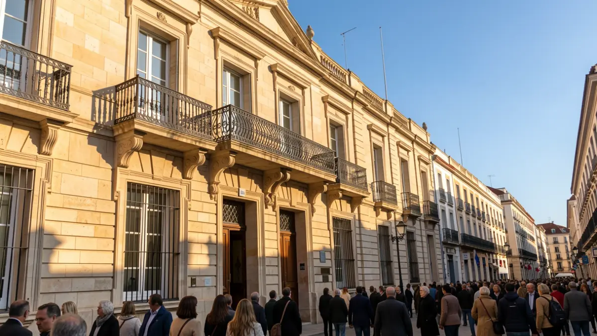 Facade of a town hall in the Community of Madrid with a balcony and iron railings, afternoon sunlight, blue sky.