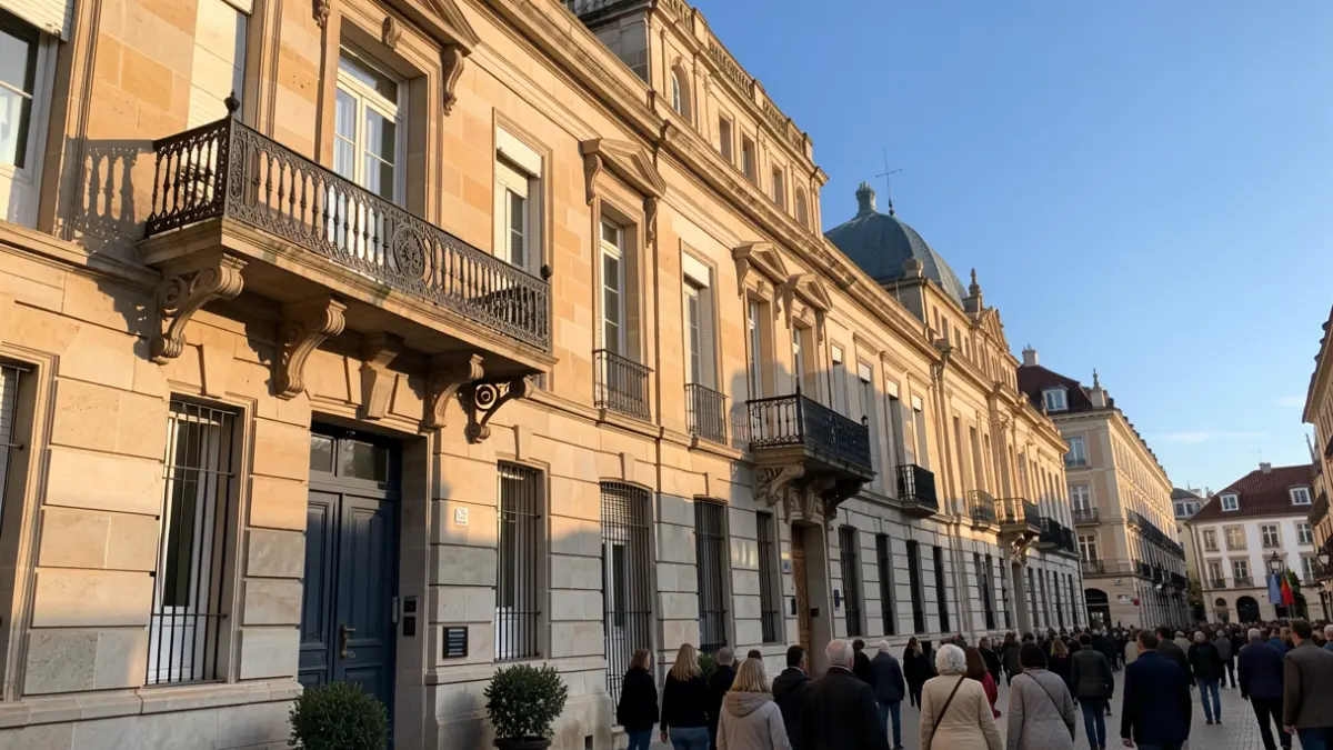 Facade of a town hall in the Comunidad de Madrid with a balcony and iron railings, warm afternoon light.
