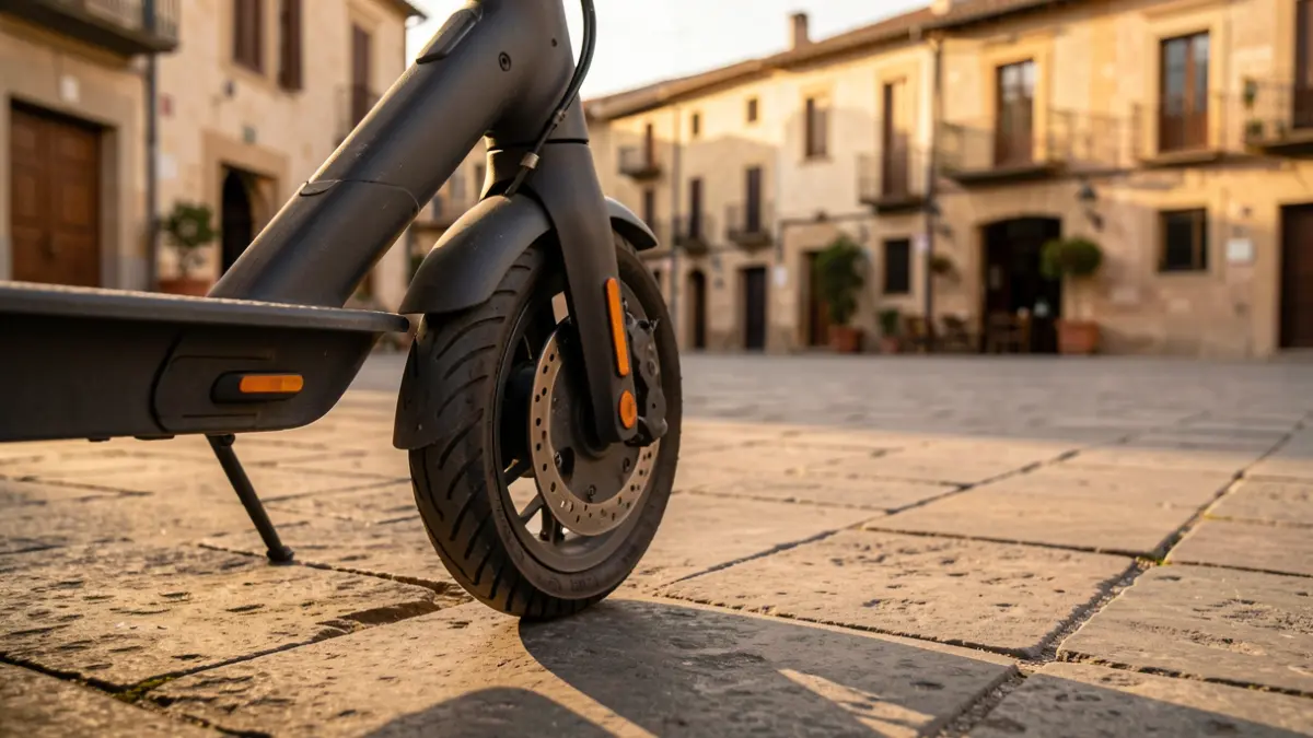 Generic image of an electric scooter wheel in a Spanish square at dusk.