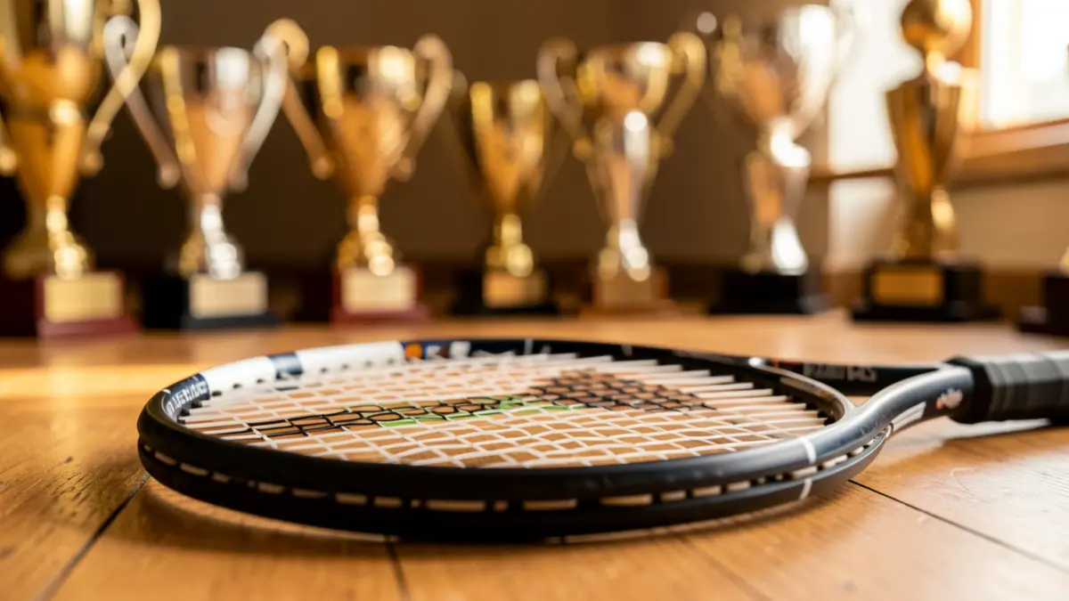 Close-up of a tennis racket on a wooden floor with blurred sports trophies in the background.