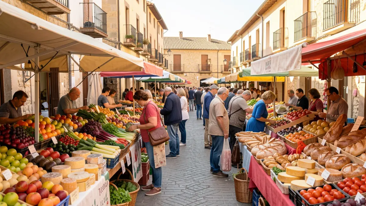 Imagen genérica de un mercado agroalimentario al aire libre con puestos de productos locales y gente comprando.