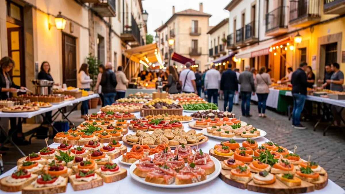 Generic image of a gastronomic event in a Leganés square with tapas and people.