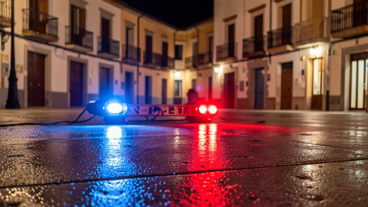 Imagen genérica de luces de emergencia policiales reflejándose en el asfalto mojado por la noche.