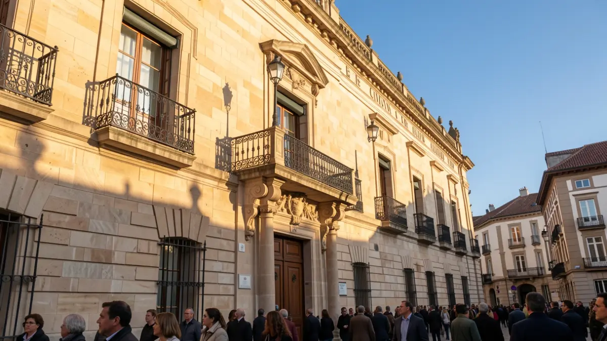 Facade of a town hall in the Community of Madrid with a balcony and iron railings, warm afternoon light.