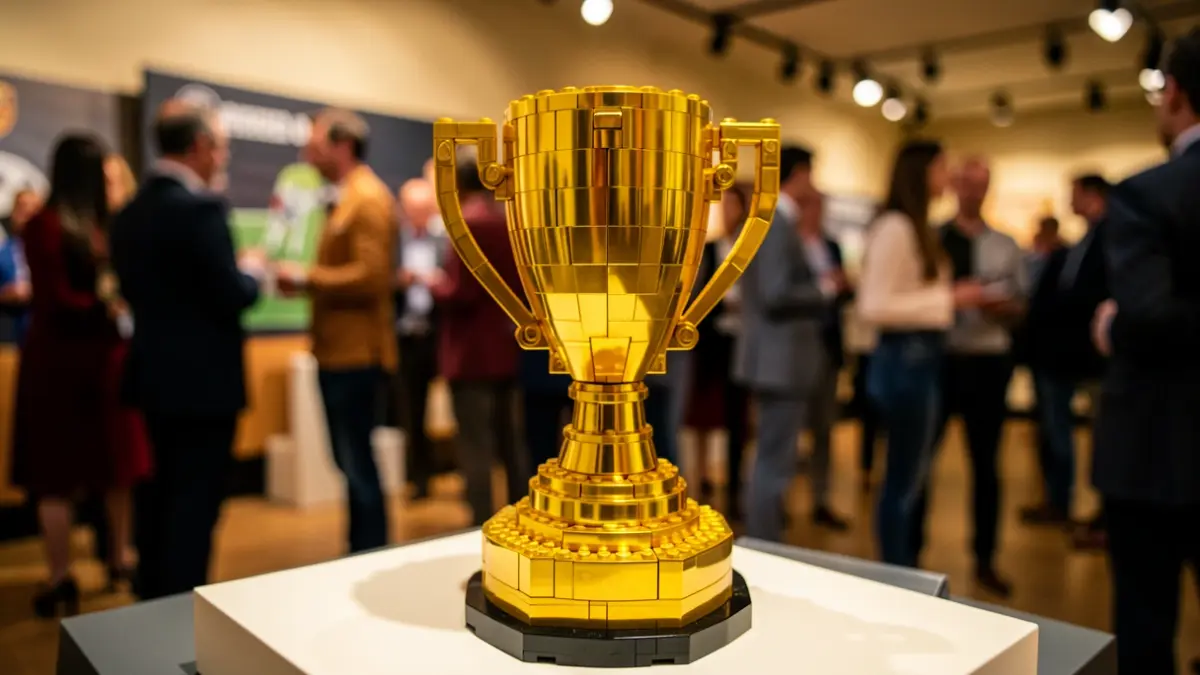 Replica of the FIFA World Cup Trophy in LEGO format.