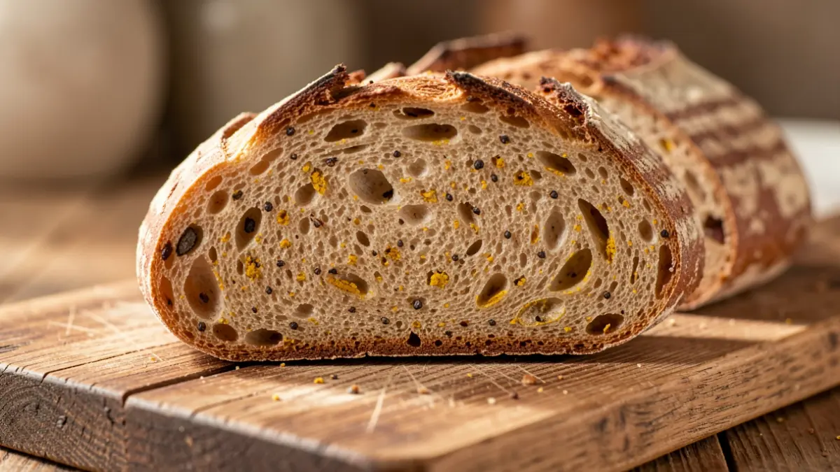 Rebanada de pan artesanal con cúrcuma y pimienta negra.