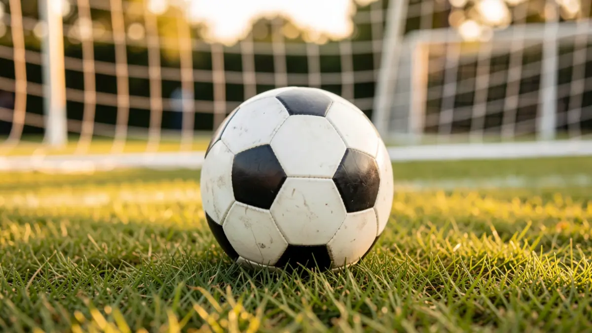 Generic image of a football on grass with a blurred goal net in the background.