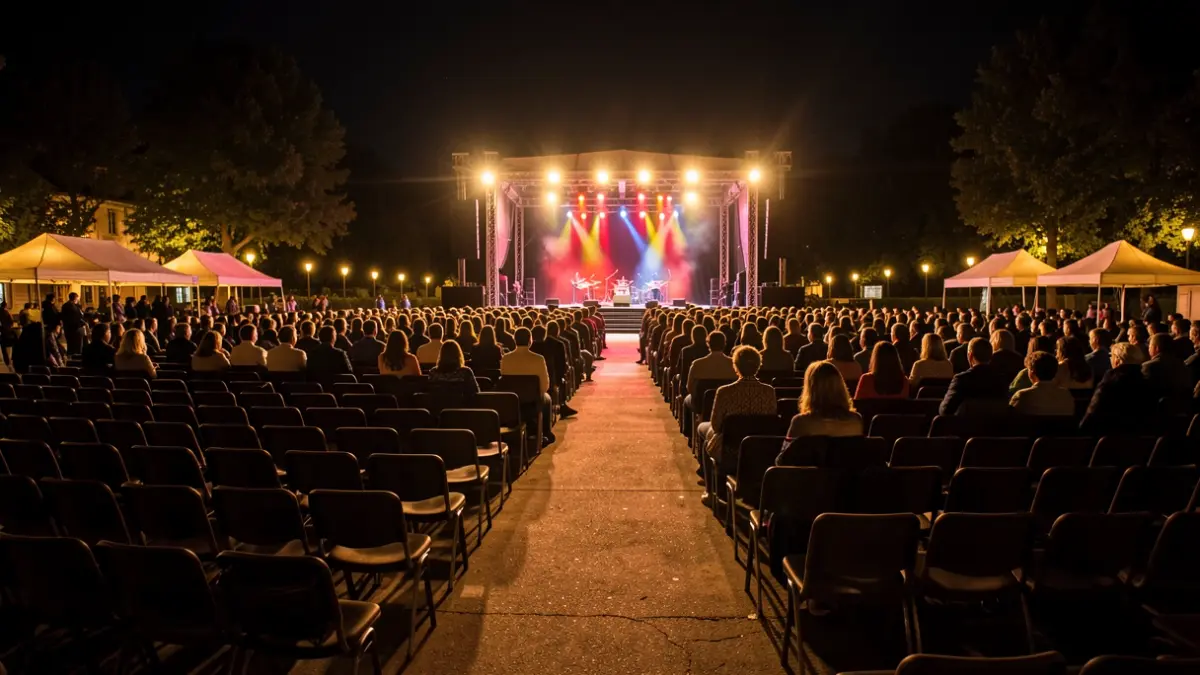 Generic image of an outdoor concert venue at night with stage lighting.