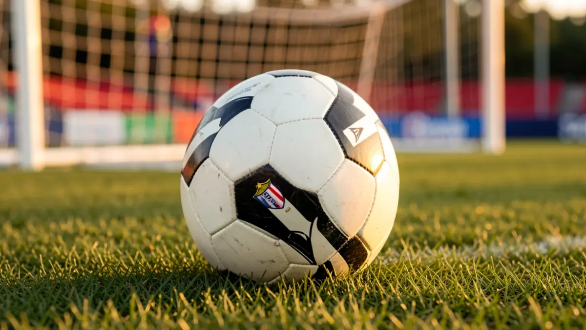 Generic image of a soccer ball on grass with a blurred goal net.