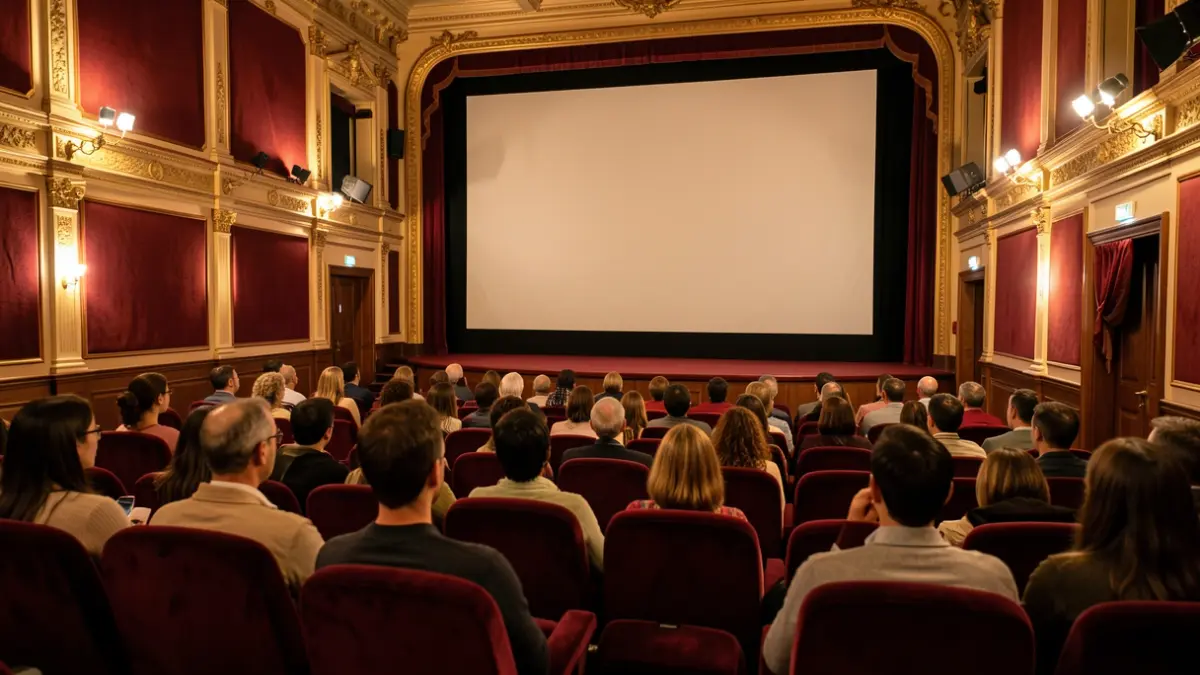 Imagen genérica de una sala de cine con iluminación cálida y ambiente acogedor.