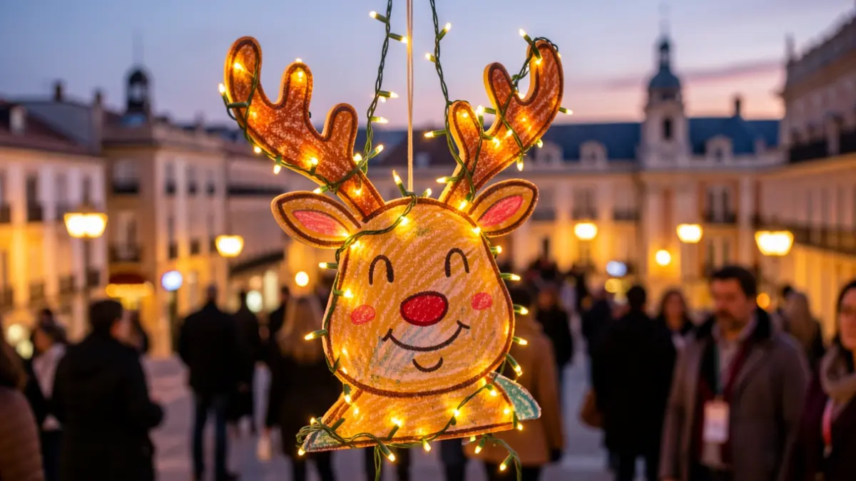 Child's drawing of a Christmas reindeer that will become a Christmas light in Madrid.