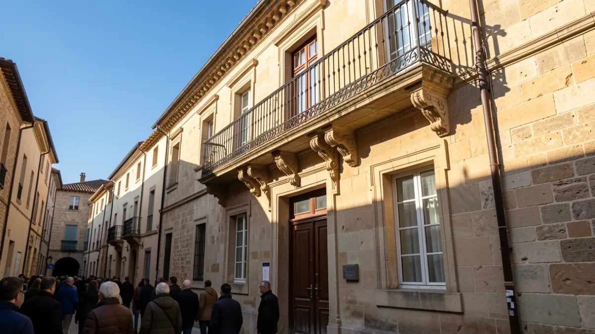 Stone town hall facade with balcony and iron railings, warm afternoon light.