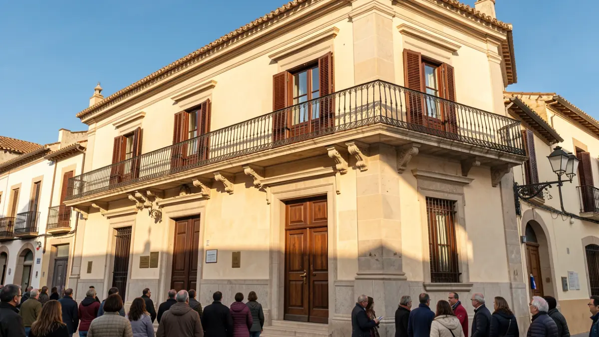 Fachada de un ayuntamiento tradicional español con balcón y barandillas de hierro, bajo la luz del sol de la tarde.