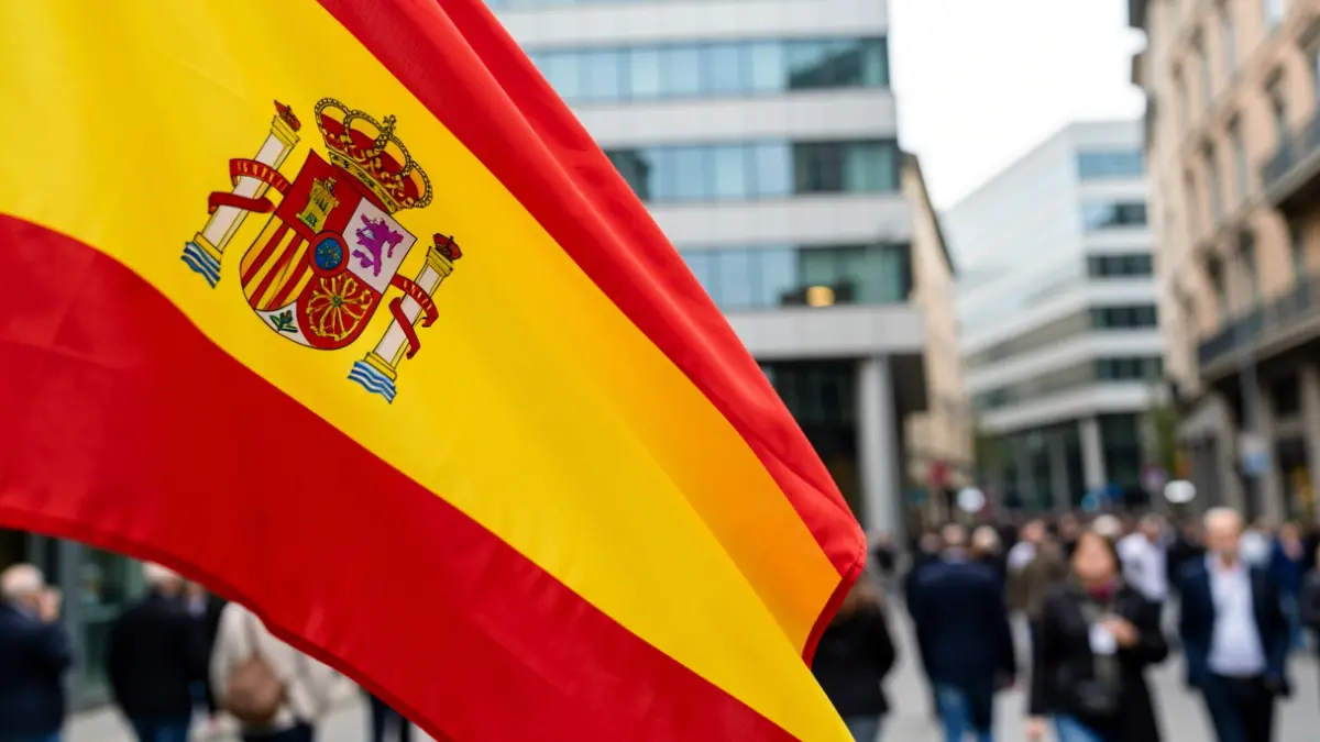 Detail of the red stripes of the Spanish flag with a blurred modern office building in Madrid in the background.
