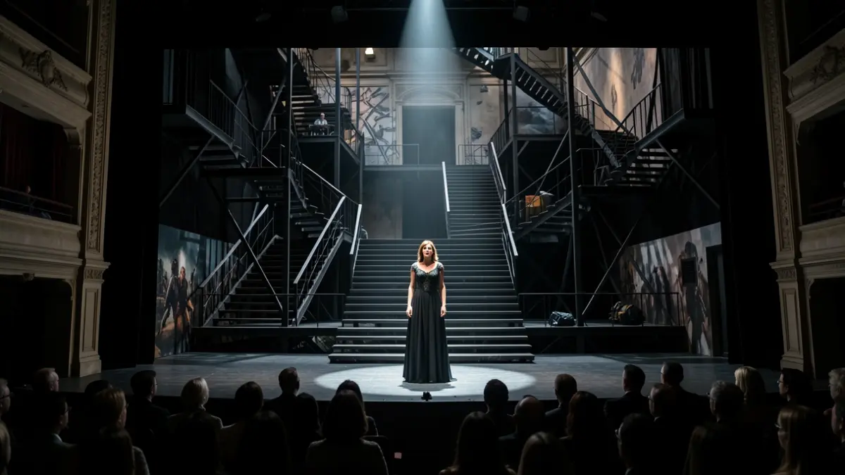 Contemporary opera scene with action-themed set design and a spotlighted mezzo-soprano.