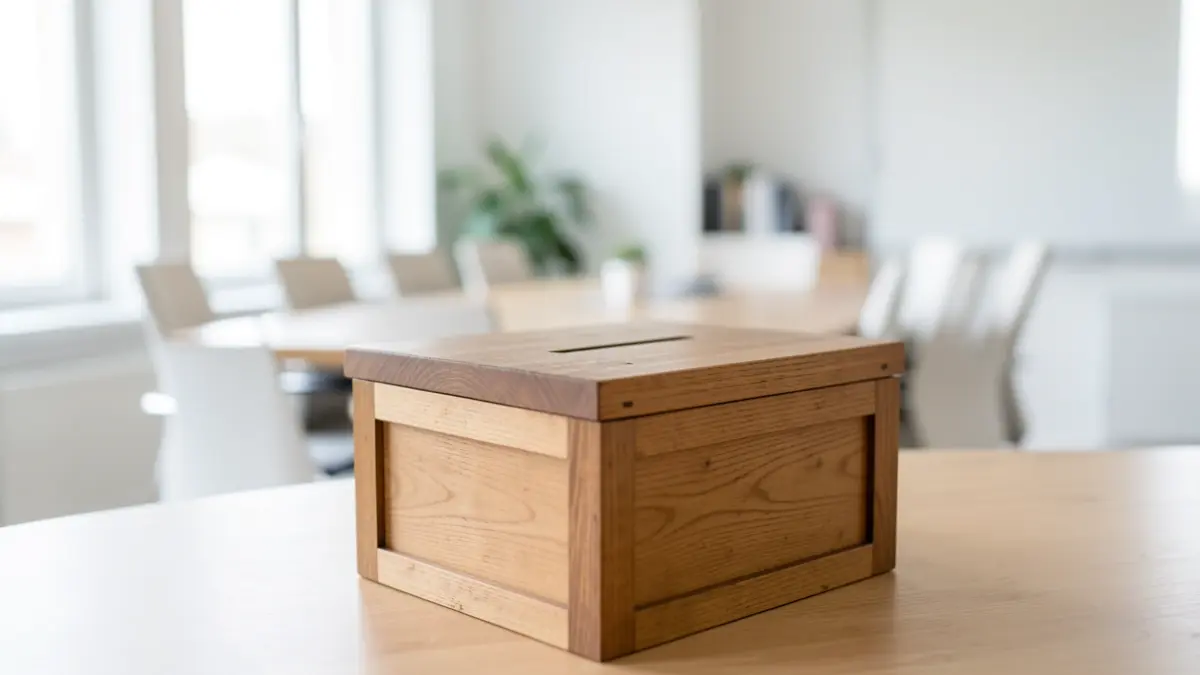 Generic image of a ballot box in an office setting.