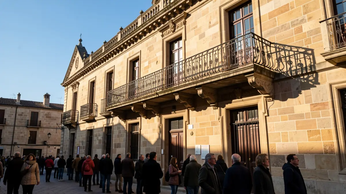 Stone facade of a historic town hall with a balcony and iron railings, warm afternoon light casting shadows.