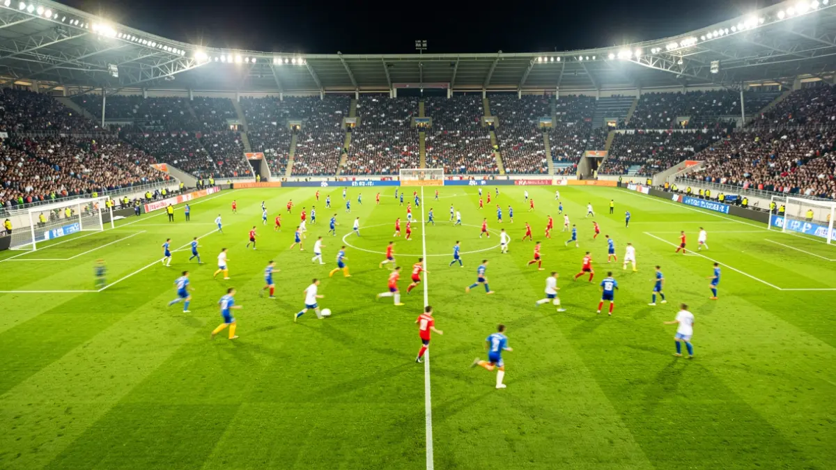 Vista aérea de un campo de fútbol con jugadores en acción durante un gran torneo internacional.