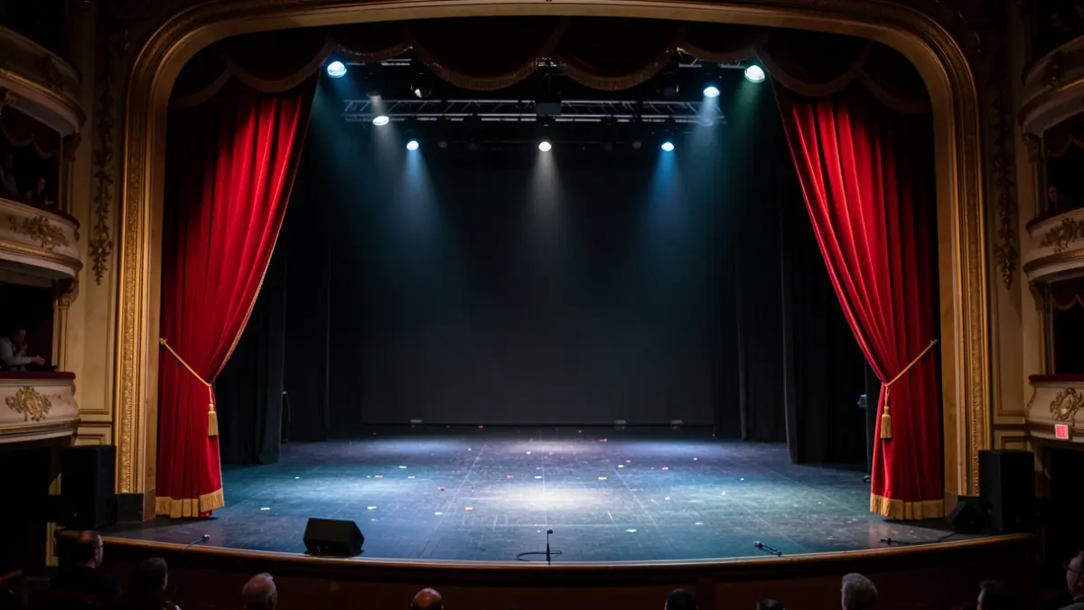 Imagen genérica de un escenario teatral con cortinas abiertas y luces.