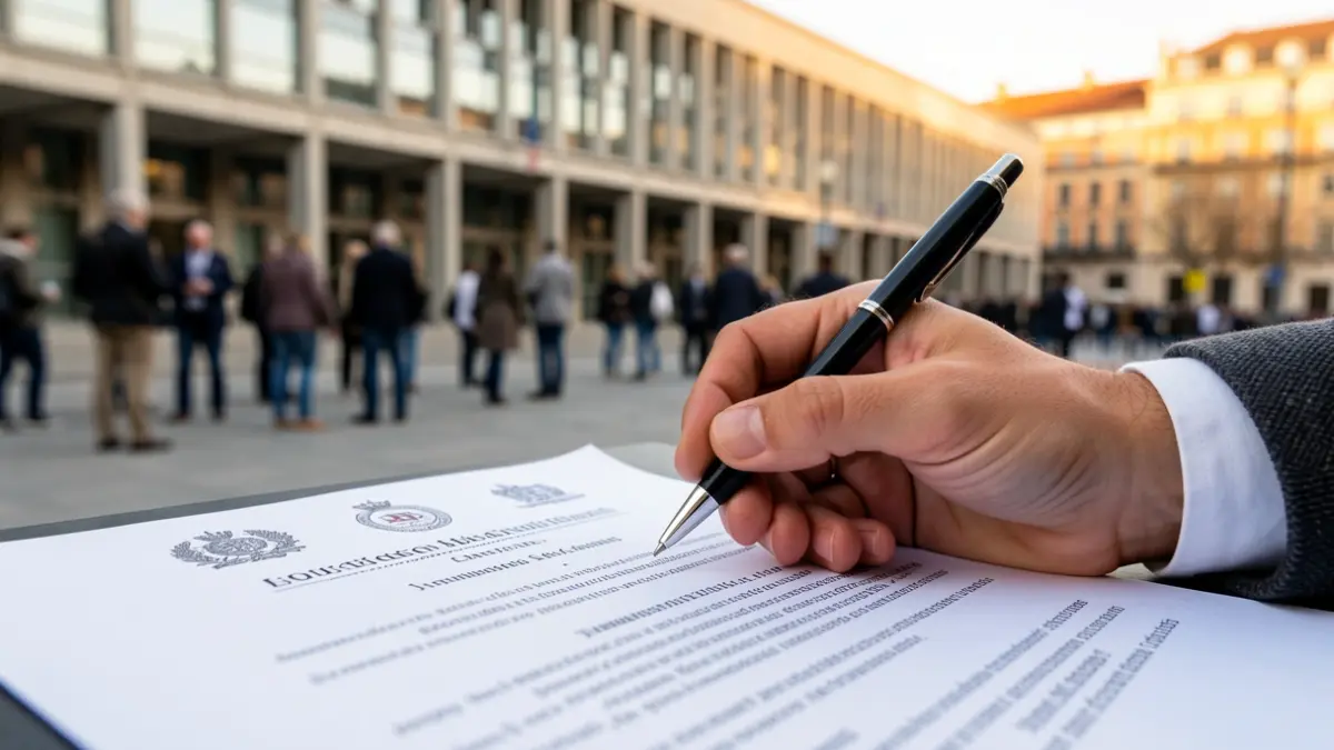Image of a hand signing an official document at a Madrid government building.