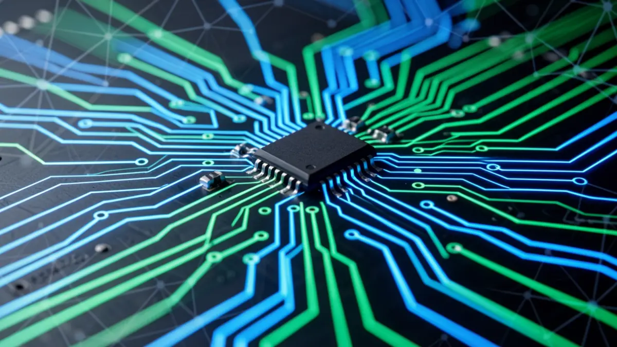 Generic image of a digital circuit with luminous data lines.