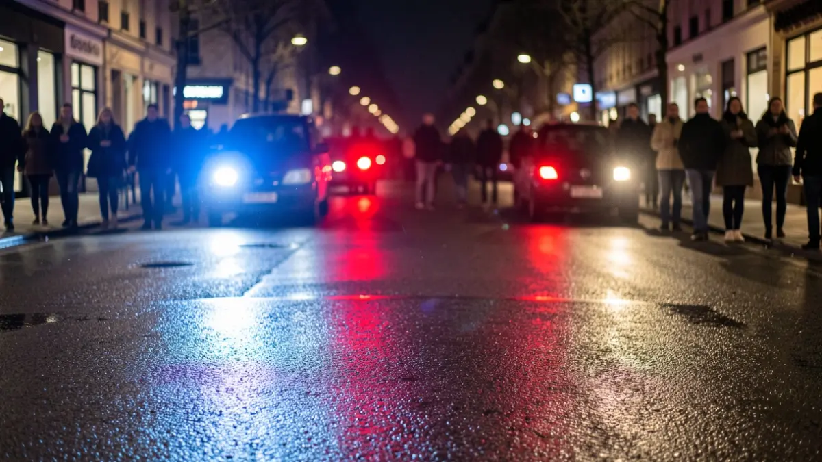 Imagen genérica de luces de emergencia policiales reflejando en el asfalto mojado por la noche.