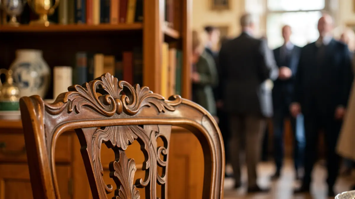 Close-up of a carved wooden chair in warm, soft light. Blurred shelves with books and decorative objects in the background.