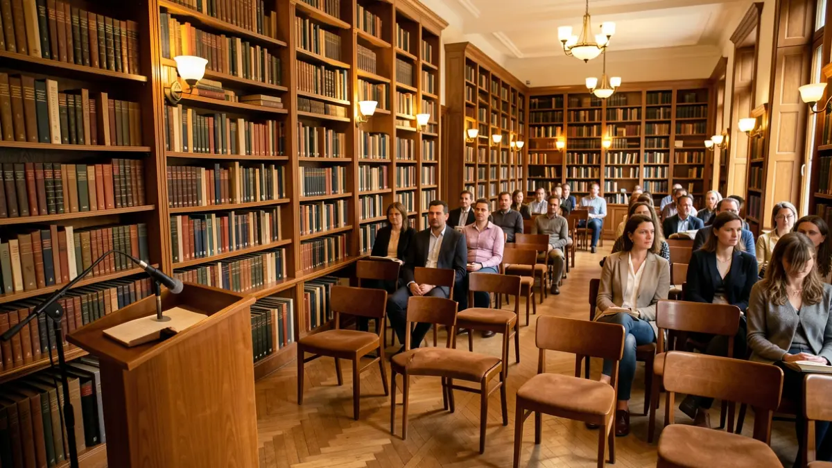 Imagen genérica de una biblioteca con estanterías llenas de libros y un micrófono en un atril.