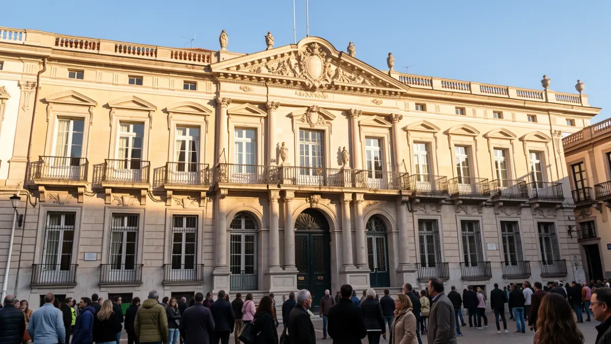 Fachada de un ayuntamiento genérico en Madrid con balcones ornamentados y barandillas de hierro, bajo la luz del sol de la tarde.