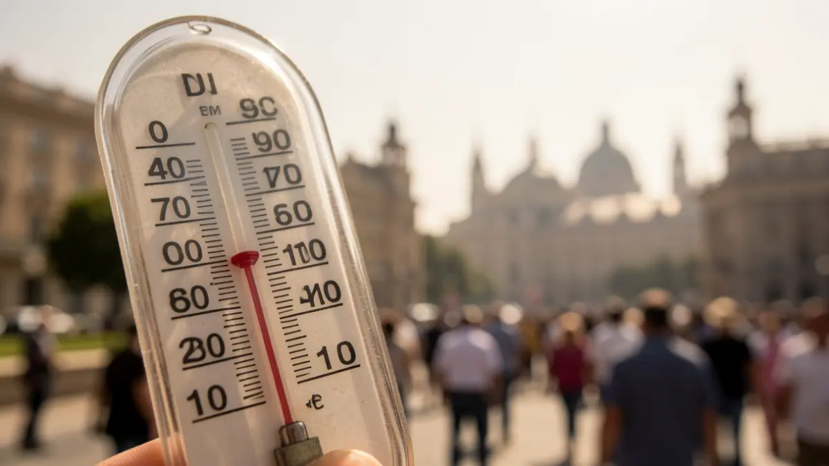 Termómetro marcando alta temperatura con el perfil urbano de Madrid al fondo.