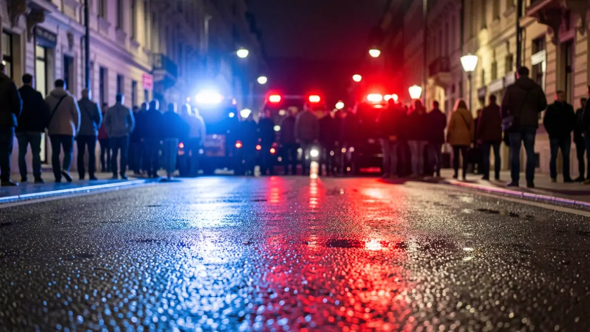 Generic image of police emergency lights reflecting on wet asphalt at night.