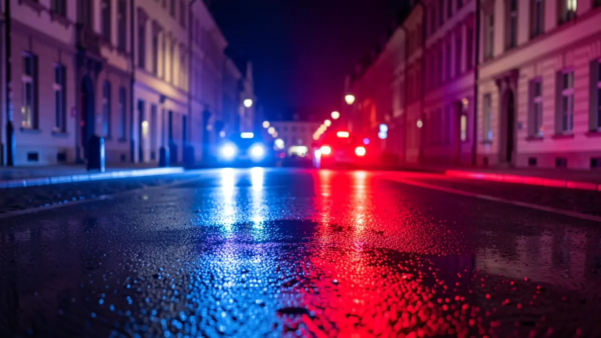 Imagen genérica de luces de emergencia policiales reflejándose en el asfalto mojado por la noche.