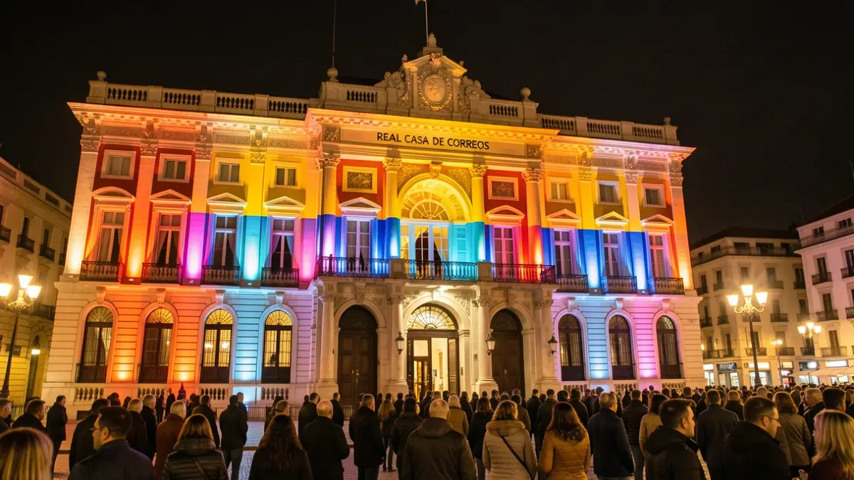 Facade of the Real Casa de Correos illuminated with the colors of Venezuela as a symbol of solidarity.