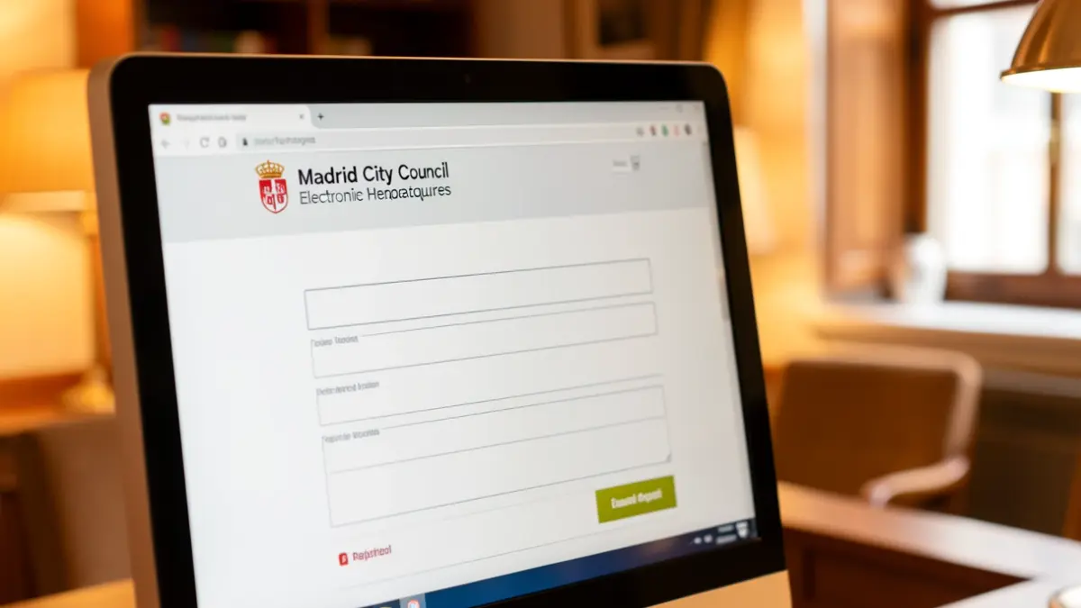 Pantalla de ordenador mostrando la sede electrónica del Ayuntamiento de Madrid para empadronarse online.
