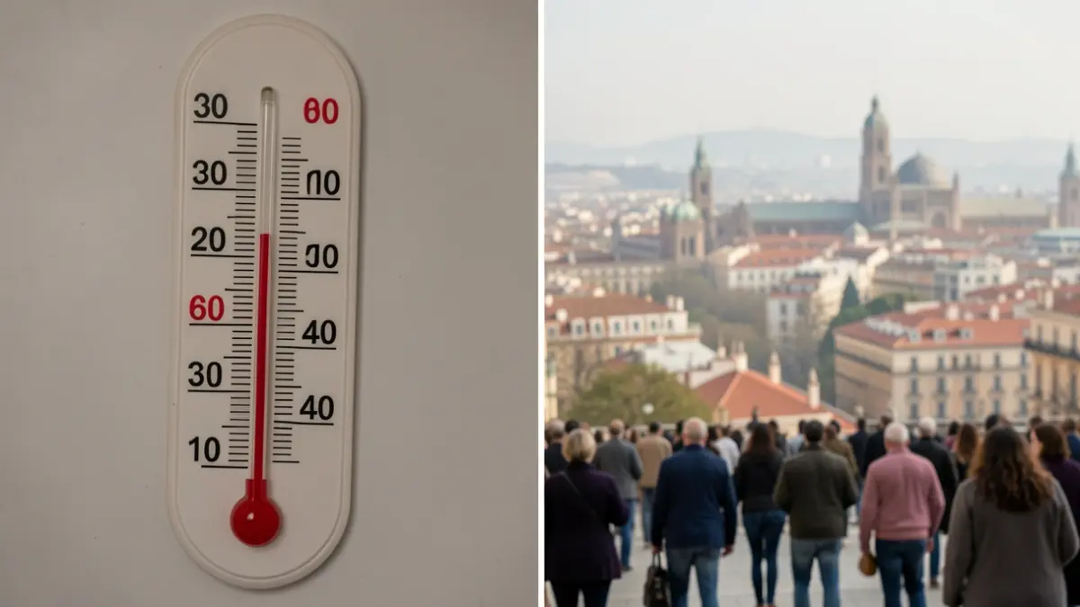 Split image showing a thermometer with high temperatures and a blurred view of Madrid under a hazy sky.