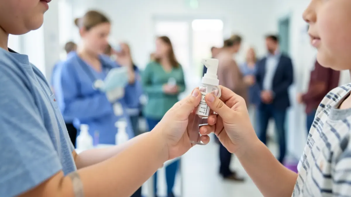 Niño recibiendo vacuna intranasal contra la gripe en un centro de salud.