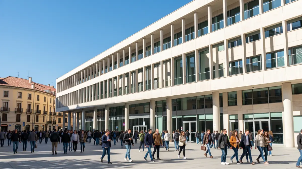 Facade of a university building in Madrid with students.