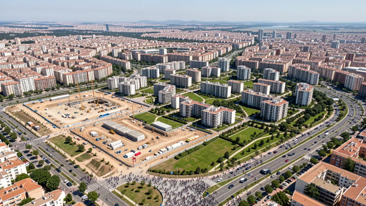 Vista aérea de una zona de desarrollo urbanístico en Madrid con viviendas, zonas verdes y aparcamiento.
