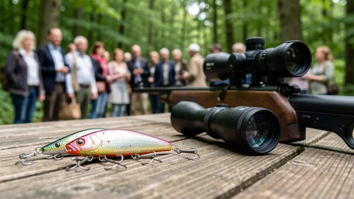 Primer plano de un señuelo de pesca y la mira de un rifle de caza sobre una superficie de madera texturizada, con un bosque verde desenfocado al fondo.