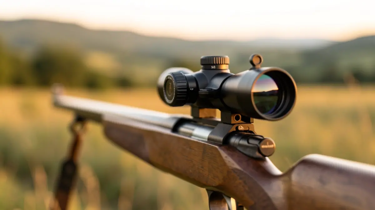 Close-up of a hunting rifle scope with a blurred natural landscape in the background.