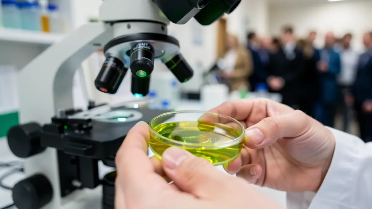 Close-up of a researcher's hands holding a petri dish under a microscope in a laboratory.