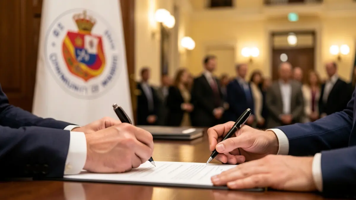 Imagen genérica de manos firmando un documento oficial en la Comunidad de Madrid.