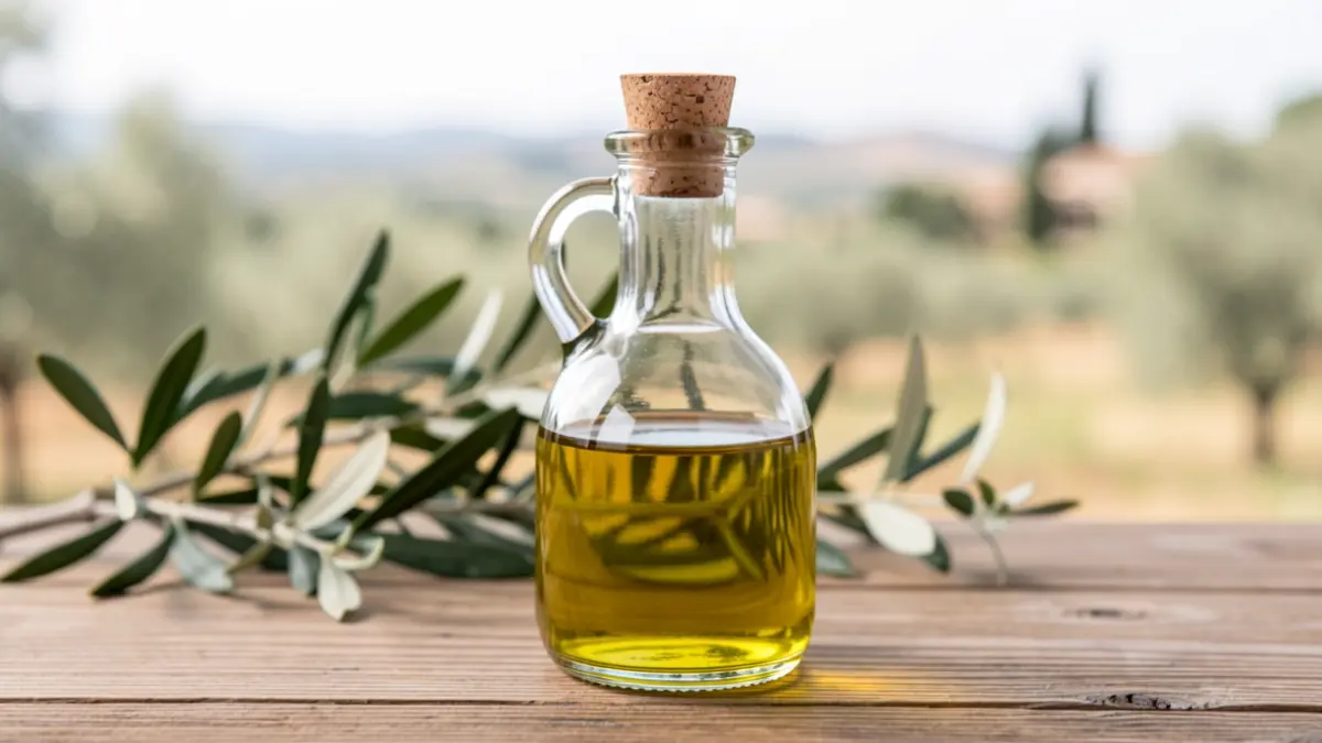 Bottle of extra virgin olive oil on a wooden table with blurred olive branches in the background.