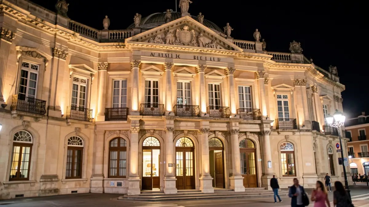 Generic image of an emblematic cultural building in Madrid illuminated at night.